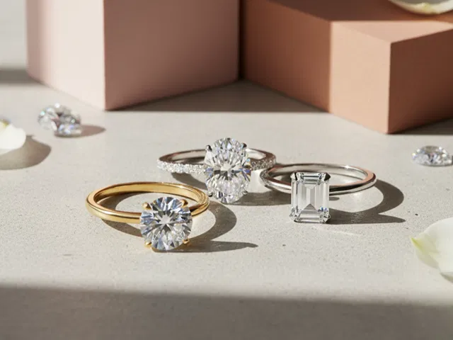 three different styles of solitaire diamond rings